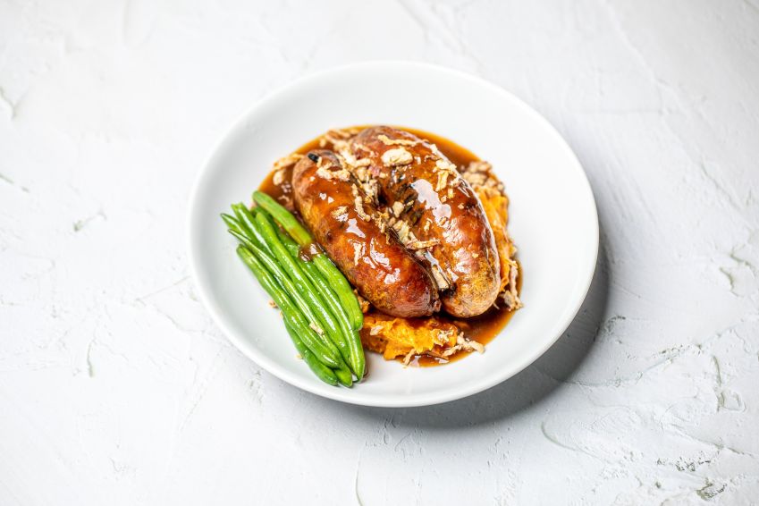 Beef susages, Sweet Potato Smash, Gravy