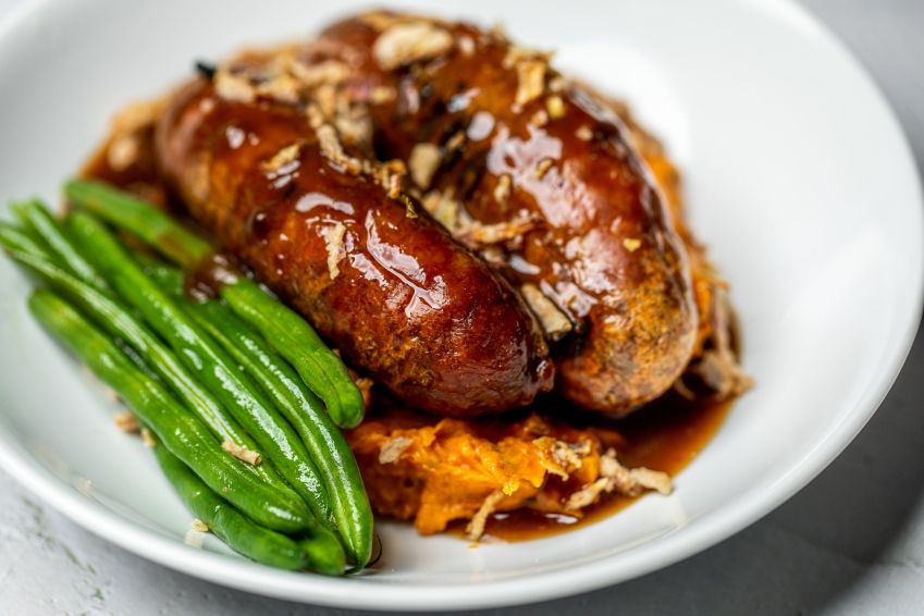 Beef sausages, Sweet Potato Smash, Gravy