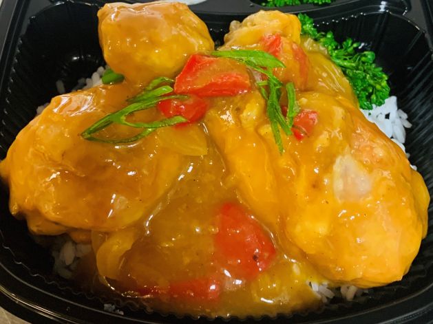 Apricot chicken with rice and steamed broccolini