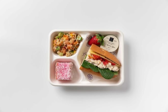 Gourmet Lunch Box- Half deli baguette, salad, fruit, lamington, 200ml juice box 