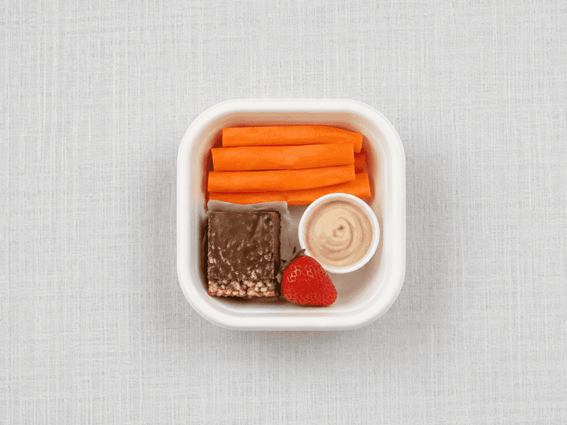 Tea Break Box 3- Raw snikka slice, vegetable crudites, capsicum tapenade, strawberry