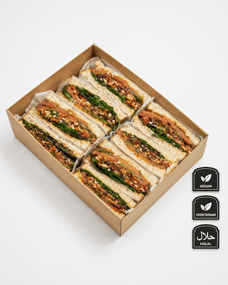 Roast sweet potato, capsicum tapenade slaw, tomato, cucumber, mesclun and vegan cheese sandwich (ve)