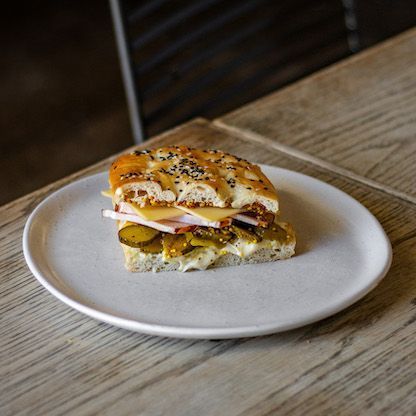 Glazed Ham, cheddar, mustard, pickles & bechamel on Turkish Pide