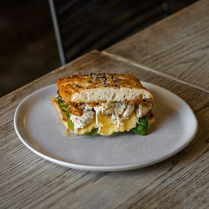 Roast Chicken, Chutney, Brie & Spinach on Turkish pide