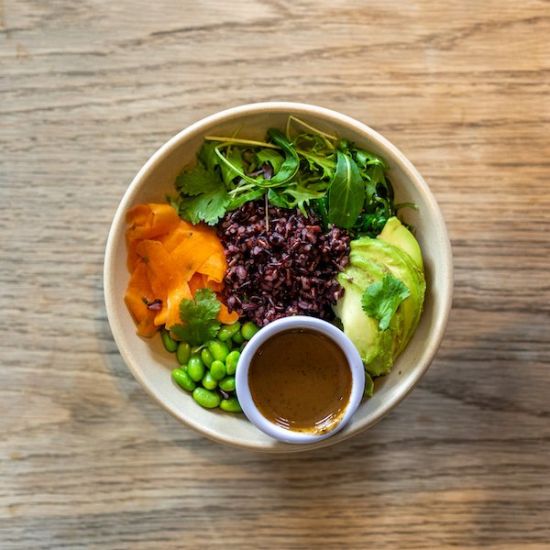 The Buddha Bowl - Purple Rice, Crispy Chickpeas, Avocado, Pickled Carrot, Seaweed, Kimchi & House Citrus Dressing
