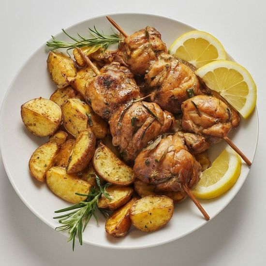 Lemon & Rosemary Chicken Skewers with Roast Potatoes