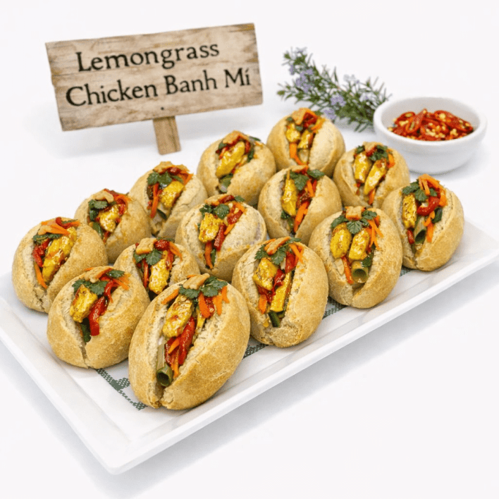 Mini Banh Mi - Lemongrass Chicken, Cucumber, Pickled Veg, Chili, Coriander & Special Homemade Sauce 