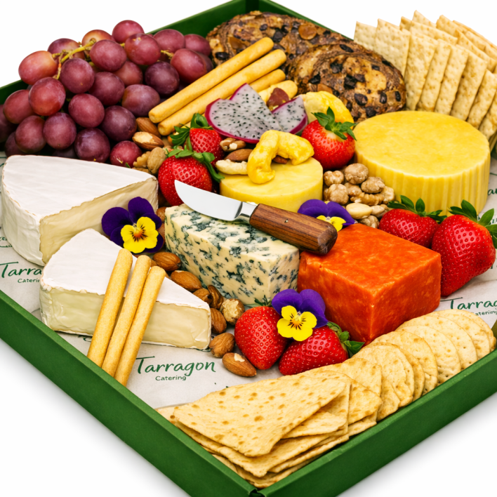 Gourmet Cheese Platter - Brie, Gouda, vintage cheddar, blue cheese, dried fruits, grapes, strawberries, lavosh, water crackers, rustic fruit bread