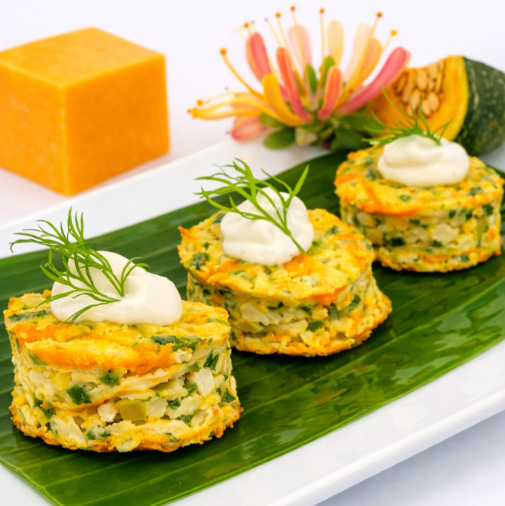 Pumpkin & Cheese fritters with Crème fraiche and dill  