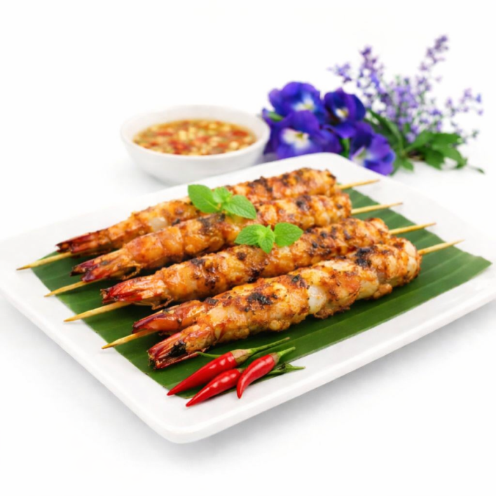 Char Grilled King Prawn Skewer marinated in Nuoc Cham sauce