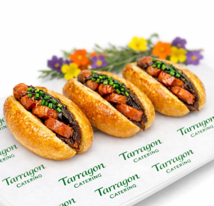 Breakfast Mini Baguette (Warm) with Chipolata Sausage, Tasty Cheese, Caramelised Onion & Chives
