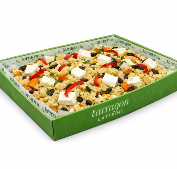 Pumpkin, Cous Cous and Feta Salad - roasted pumpkin, cous-cous pearls, baby spinach, feta, almond flakes with a balsamic dressing.(VEG)