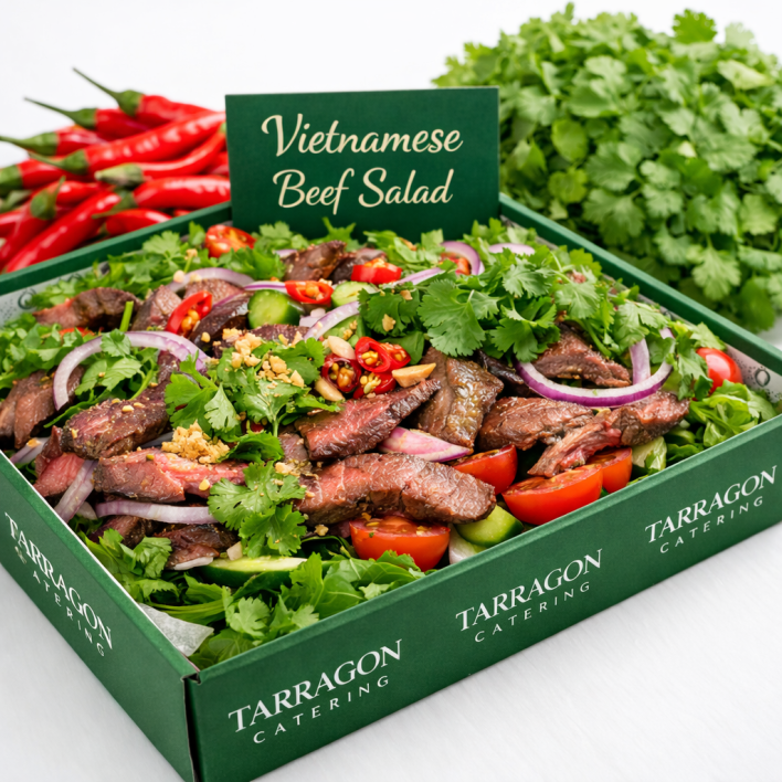 Vietnamese Beef Salad - Sliced red onion, cucumbers, mixed lettuce, tomato, chili, peanuts and tender chargrilled beef fillet, coriander with an Asian dressing (GF)