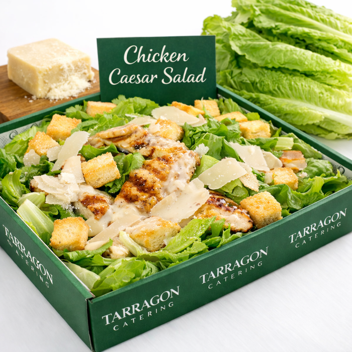 Chicken Caesar Salad -  With Grilled Chicken breast, anchovies, cos lettuce, streaky bacon bits, croutons, shaved parmesan, boiled free-range eggs and Caesar dressing.