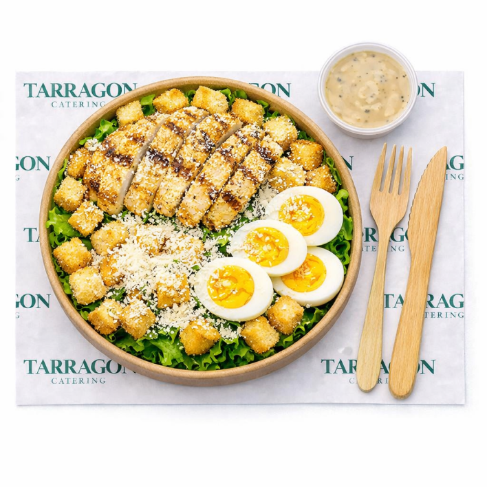 Chicken Caesar Salad (Main Course) - Grilled chicken breast, croutons, parmesan, cos lettuce, boiled egg and anchovy dressing on the side