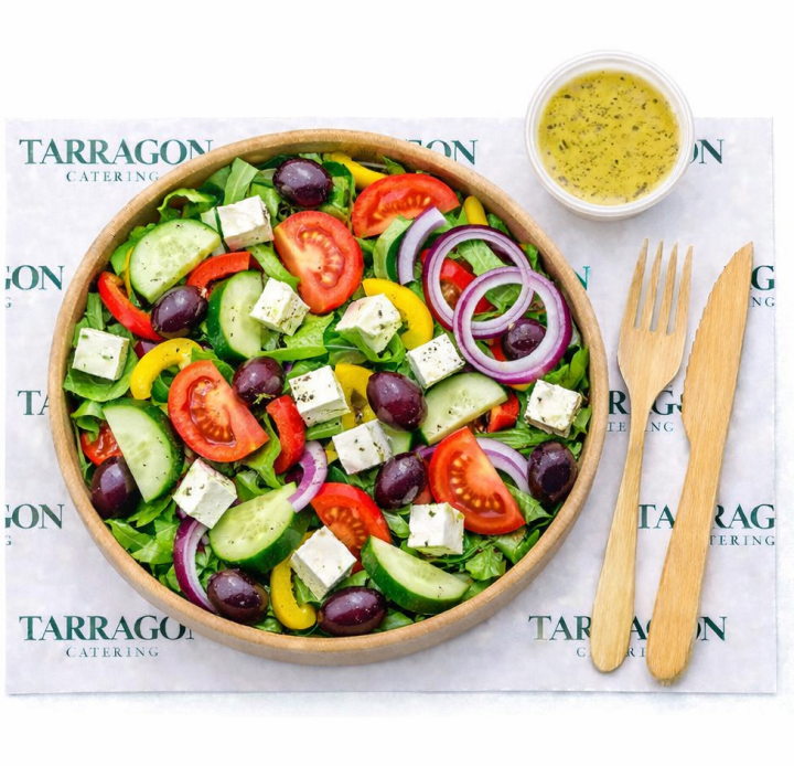 Greek Salad (Main Course) - With cucumber, tomato, capsicum, red onion, feta, lettuce, kalamata olives and a lemon and oregano dressing (GF)
