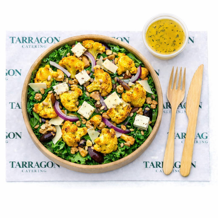 Roasted Cauliflower Salad (Main Course) - seasoned with cumin and turmeric, along with fresh kale leaves, red onion, quinoa, walnuts, shaved parmesan, seeds, with a citrus dressing (VEG).