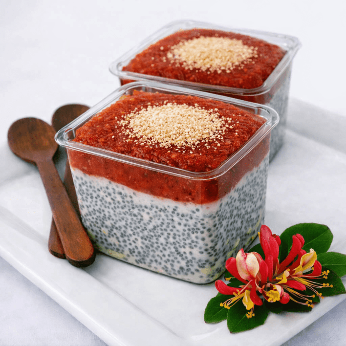 Chia Pots - with Fruit Coulis, topped with toasted Almonds (250ml)