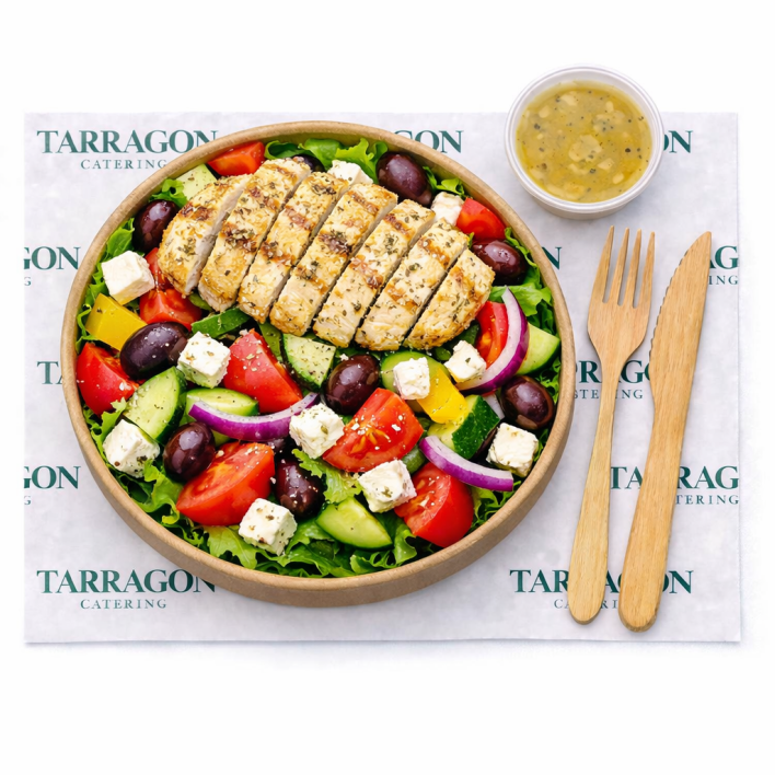 Herb Grilled Chicken Breast Greek Salad (Main Course) - Feta, tomato, cucumber, Spanish onion and lettuce with dressing (GF)