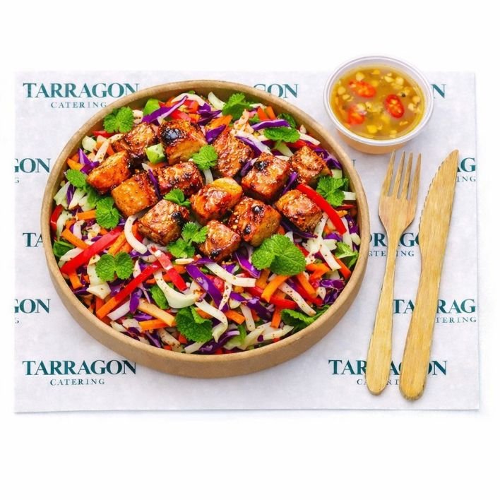 Thai Chicken Coleslaw (Main Course) - Red and white cabbage, julienne red capsicum, carrot, coriander, mint, marinated grilled chicken breast pieces mixed with homemade Nam Jim dressing (GF)