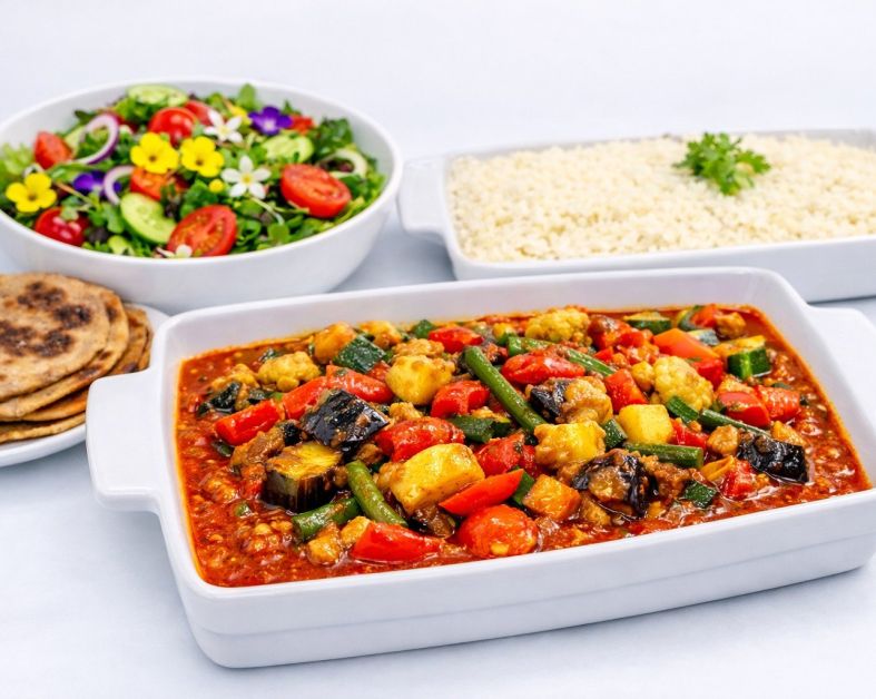 Moroccan Tagine served with couscous and salad - ( Veg, Dairy Free) 