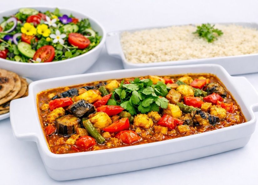 South Indian Vegetable Curry, Basmati Rice and Roti Bread