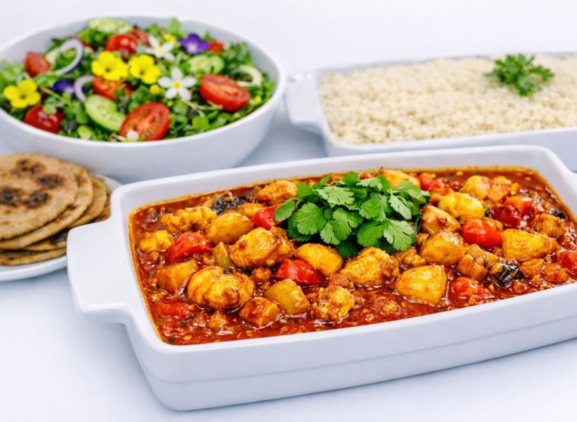 Malaysian Chicken Curry, rice and salad (gf) 
