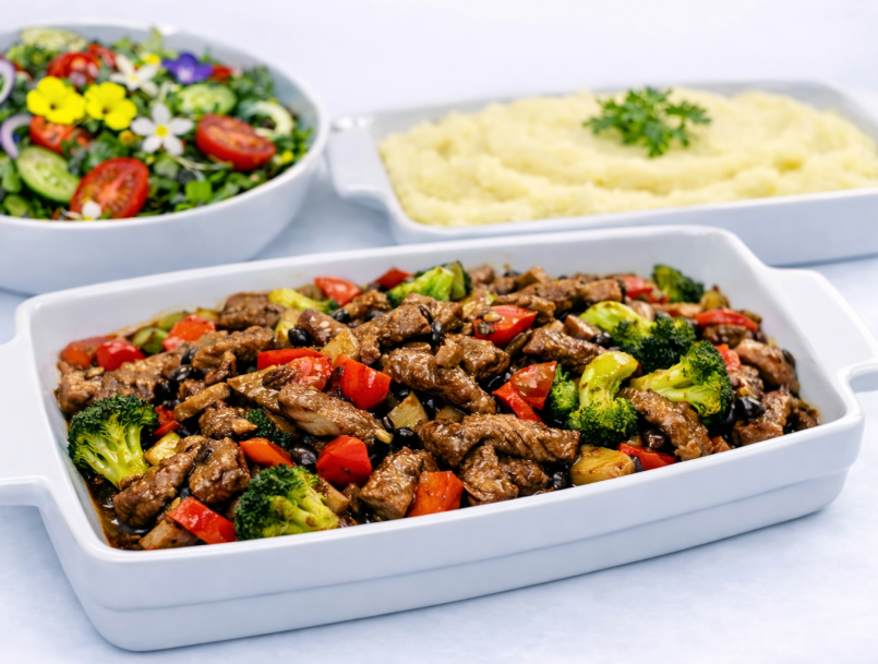 Beef and Black Bean Sauce with Rice and salad