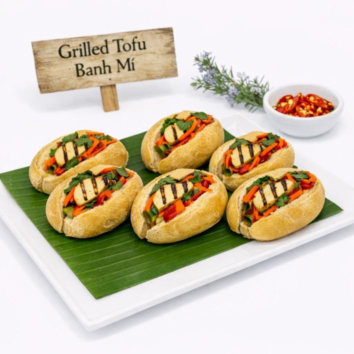 Mini Vegeterian Banh Mi - With Tofu, pickled veg, chilli, coriander and miso sauce