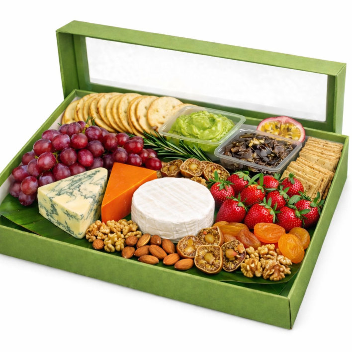 Cheese and Dips Platter - Brie, Red Lester ,Blue cheese, strawberries, grapes, dried figs,nuts, lavosh,crackers, and two dips