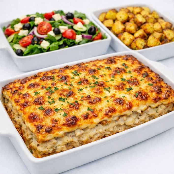 Tuna Pasta Bake - Tuna mixed cooked with penne pasta, corn, vegetables, cheese and white cream sauce and grilled cheese served with Greek salad and roasted potatoes