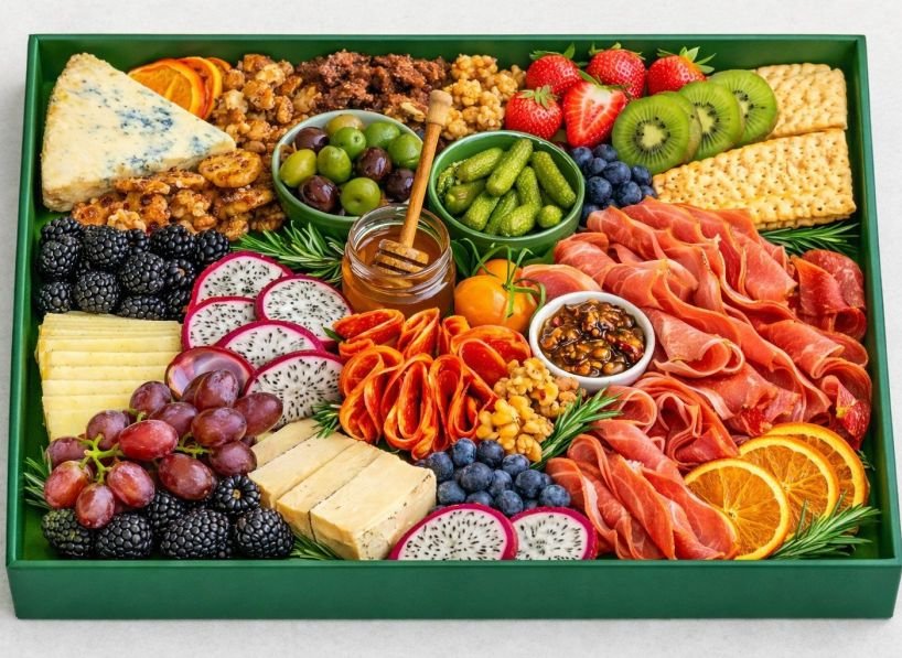 Charcuterie Platter - Blue, brie & hard cheese, ham, grilled chorizo, salami, dragon fruit, strawberries, kiwi, berries, grapes, dried fruit, fruit crackers, walnuts, green marinated olives, black olives, cornichons, chutney, honey and wooden spoons