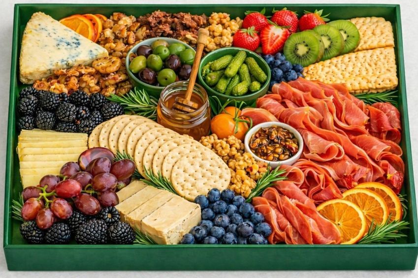 Charcuterie Platter - Blue, brie & hard cheese, ham, grilled chorizo, salami, dragon fruit, strawberries, kiwi, berries, grapes, dried fruit, fruit crackers, walnuts, green marinated olives, black olives, cornichons, chutney, honey and wooden spoons