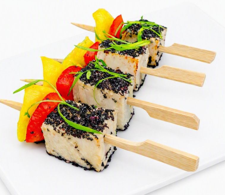 Smoked Chicken Skewers - Furikake crusted skewers w pickled Daicon (GF)(DF)