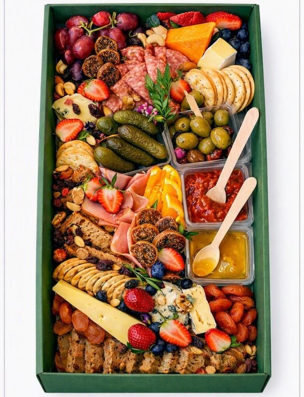 Charcuterie Platter - Blue, brie & hard cheese, ham, grilled chorizo, salami, dragon fruit, strawberries, kiwi, berries, grapes, dried fruit, fruit crackers, walnuts, green marinated olives, black olives, cornichons, chutney, honey and wooden spoons