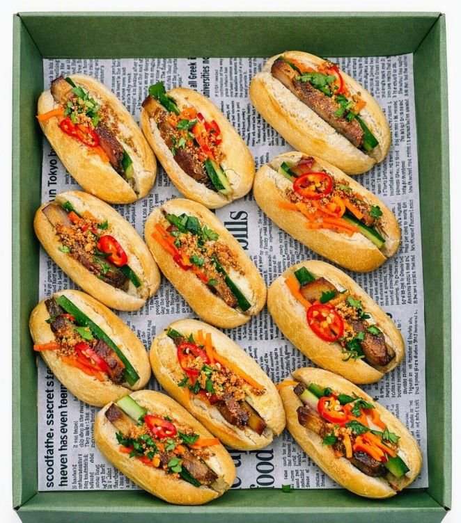 Mini Banh Mi - BBQ Pork, Cucumber, Pickled Veg, Chili, Coriander & Special Homemade Sauce 