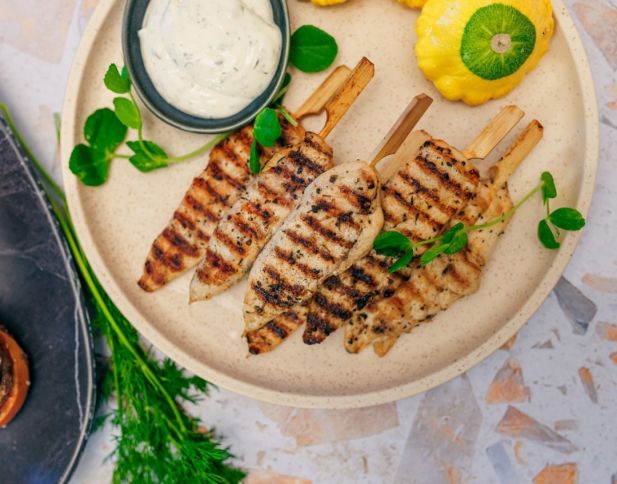 Cajun Spiced Marinated Grilled Chicken Tenderloin Skewers, ranch dressing gf / nf