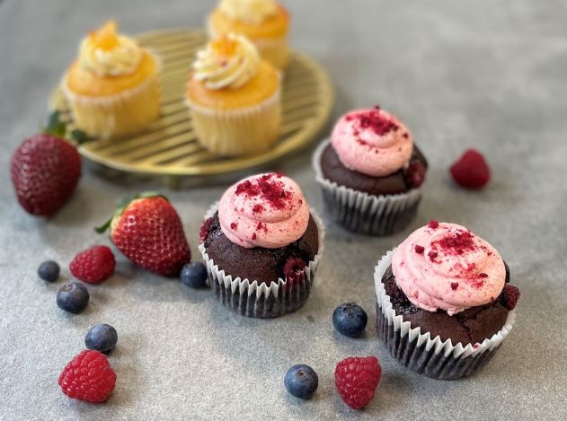 Mini Chocolate & Raspberry Mud Cupcake w raspberry frosting gf / ff / nf / vgn