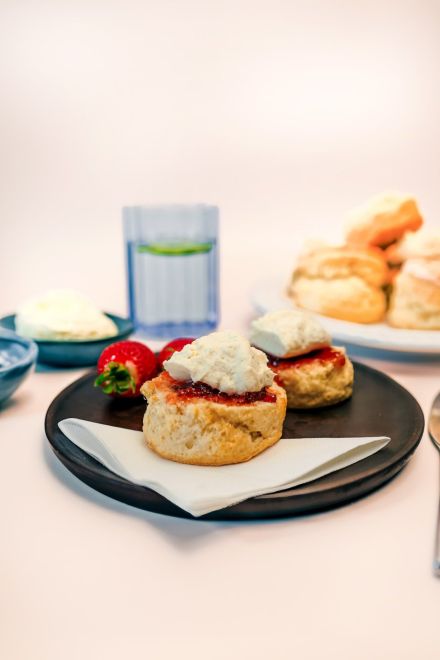 Open House Baked Wattleseed Scones w plum jam & lemon myrtle cream nf