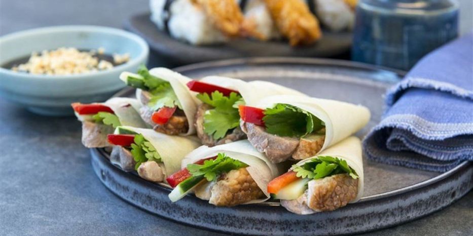 Peking Duck Crepes, cucumber, coriander & peanut hoisin dipping sauce df / +sesame