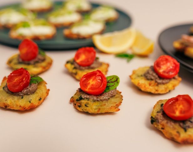 Potato Roesti w olive tapenade, roasted balsamic cherry tomato & basil gf / v / nf