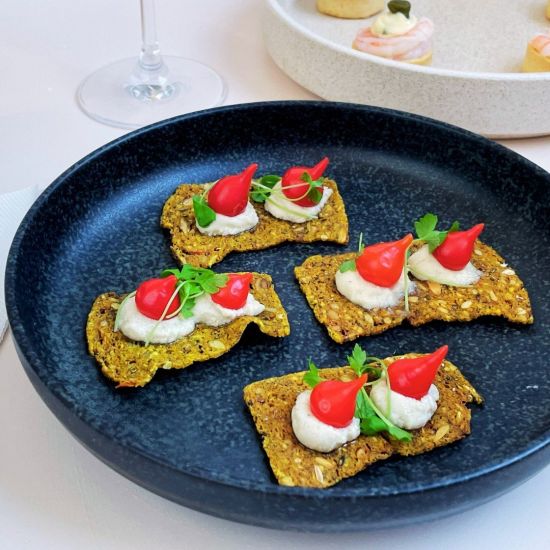 Plant Based Persian Macadamia Feta, mini sweet pepper, turmeric crispbread vgn / gf