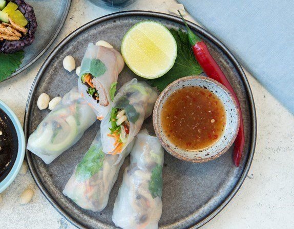 Roast Duck & Mint Rice Paper Roll w hoisin & peanut sauce df / +n / +sesame
