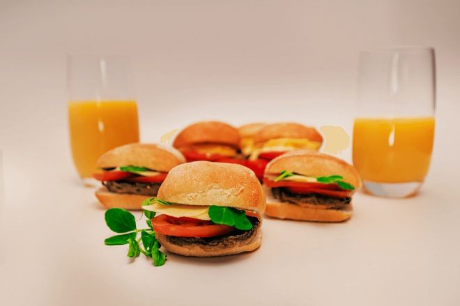 Toasted Ciabatta, served warm - Grilled field mushrooms, tomato, tasty cheese nf / v