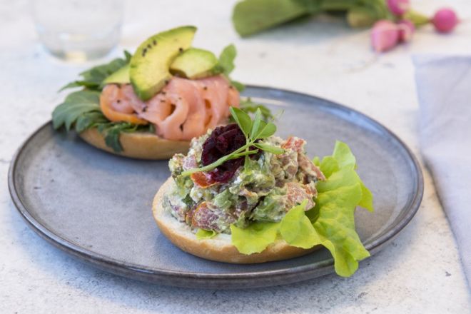 Healthy Office open mini half bagel with smoked salmon, avocado, rocket