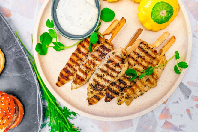 Healthy Office - Cajun spiced marinated grilled chicken tenderloin skewers gf / nf