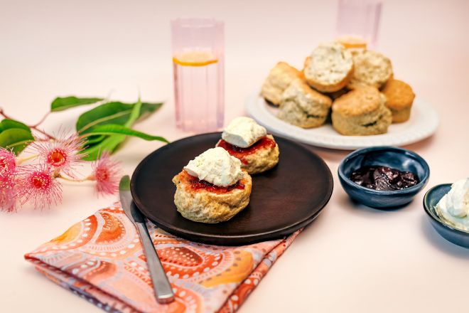 House Baked Wattleseed Scones w plum jam & lemon myrtle cream nf