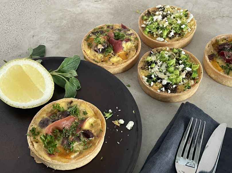 Caramelised pumpkin, prosciutto & maple pecan baked egg tart +n 