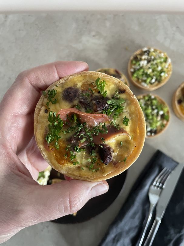 Caramelised pumpkin, prosciutto & maple pecan baked egg tart +n 