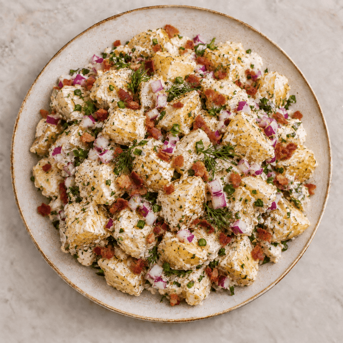 Creamy Bacon Potato Salad with Red Onion, Dill, Chives 